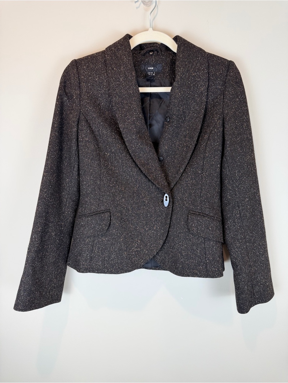 H&M Brown Tweed Shawl Collar Wool, Silk Blend Blazer size 4